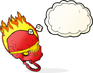 cartoon spooky skull with eye patch with thought bubble