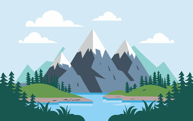 Fototapeta na wymiar Bright vector landscape image, featuring mountains, green fields with flowers, trees, and a sunny sky. Ideal for nature themed designs and backgrounds