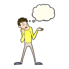 cartoon nervous man with thought bubble