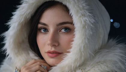 Young Polar Faerie Woman with Icy Blue Eyes, White Fur Coat, Red Lipstick, and Shy Smile amidst Dark Night Fireworks