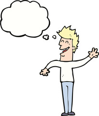 cartoon happy man waving with thought bubble
