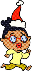 comic book style illustration of a woman wearing spectacles wearing santa hat