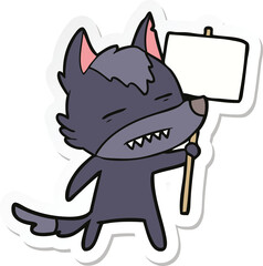 sticker of a cartoon wolf with sign post showing teeth