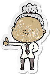 distressed sticker of a cartoon happy old woman