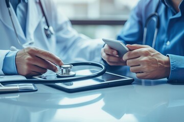 Obraz premium two doctors looking at a tablet while a stethoscope is on it