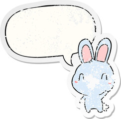 cute cartoon rabbit waving and speech bubble distressed sticker
