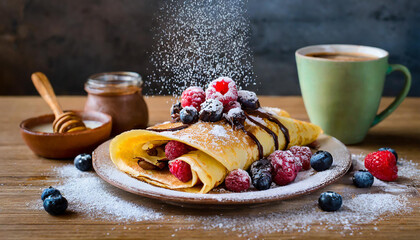 Delicious Chocolate Crepe Breakfast - Fresh Crepe - Berries - Fruit - Coffee - Fresh Breakfast - Morning Meal