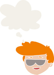 cartoon boy wearing sunglasses and thought bubble in retro style