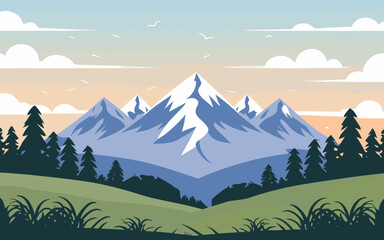 Bright vector landscape image, featuring mountains, green fields with flowers, trees, and a sunny sky. Ideal for nature themed designs and backgrounds