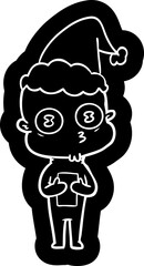 cartoon icon of a weird bald spaceman wearing santa hat