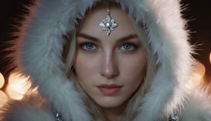 Polar Faerie Woman - Shy Smile, Icy Blue Eyes, White Fur Coat, Dark Firework Sky, Freckles