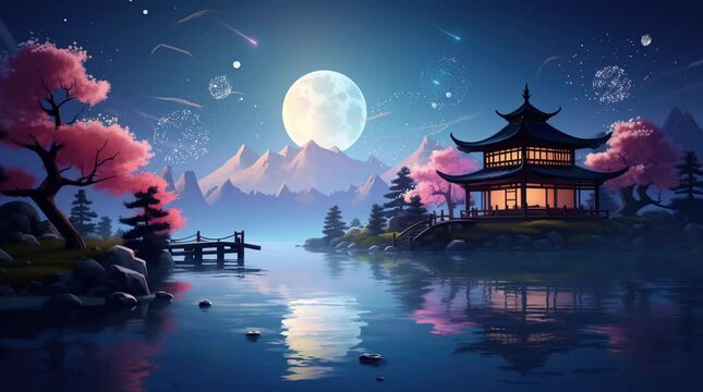 Nice japanese wooden house is shortly after the sunset reflecting in the water.  Seamless looping 4k time-lapse virtual video animation background. Generated AI	