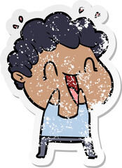 distressed sticker of a cartoon happy man