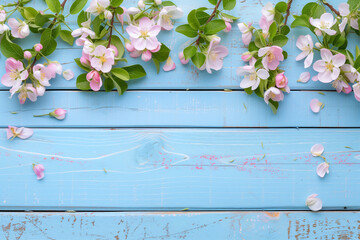 Pink cherry tree flowers blooming in spring, easter time blooms on painted blue wood. Floral banner background,  graphic resource for copy space text by Vita
