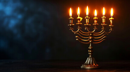 A Jewish menorah with lit candles, casting a warm glow against a dark backdrop, religion background, dynamic and dramatic compositions, with copy space