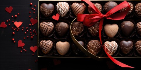Box of Chocolates for Valentine's Day. Sweets close-up with silk ribbon. Gift for a loved one