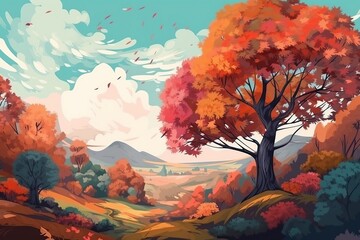 Obraz na płótnie Canvas stained glass style illustration, beautiful autumn scenery