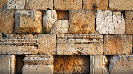 The Western Wall in Jerusalem, with notes of prayer tucked between the ancient stones, religion background, dynamic and dramatic compositions, with copy space