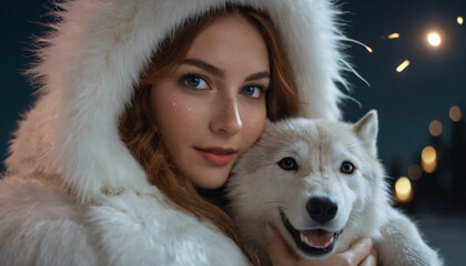 Polar Faerie Woman with Icy Blue Eyes, White Dog: Shy Smile, Winter Night, Freckles, Firework Sky