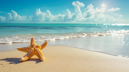 Beach holiday theme with sea star on tropical shore - obrazy, fototapety, plakaty