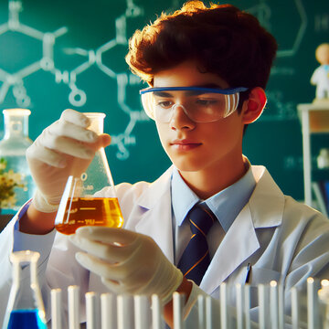 Estudiante de ciencias haciendo experimento en matraz de Erlemeyer. Estudiante de bioqu&iacute;mica, qu&iacute;mica o biolog&iacute;a
