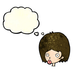 cartoon surprised female face with thought bubble