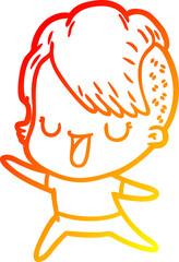 warm gradient line drawing cute cartoon girl with hipster haircut