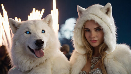 Polar Faerie Woman: Young, Shy Beauty in White Fur Coat and Firework-Lit Night Sky - Icy Blue Eyes, Freckles, Detailed Jewelry, Hooded Cloak, Dark Fireworks Background.