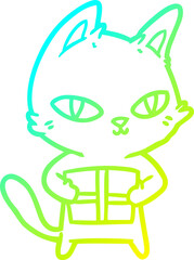 cold gradient line drawing cartoon cat holding parcel