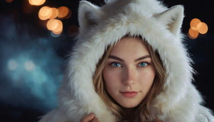 Polar Faerie Woman in White Fur Hoodie: Shy Smile, Icy Blue Eyes, Freckles, Firework Night Sky