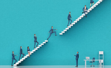Businessman taking a risk, jumping between platforms in order to get better position.g Business environment concept with stairs and opened door, representing career, success, solution and achievement. - obrazy, fototapety, plakaty