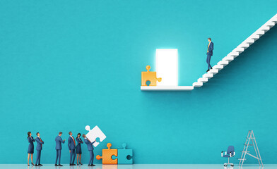 Business people asking for advice. Business environment concept with stairs and open door, representing career, advisory, growth, success, solution and achievement.