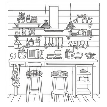 Drawing of a Kitchen With Two Stools