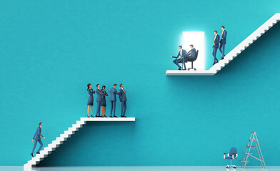 Job interview. Business environment concept with stairs and open door, representing career, growth, success, solution and achievement.