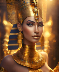Hathor egyption goddess portrait in presious headdress and necklace  posing against temple in sun light. close up. AI genarated