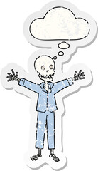 cartoon skeleton wearing pajamas and thought bubble as a distressed worn sticker