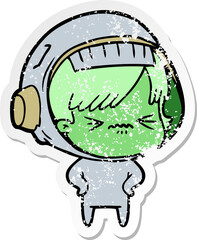distressed sticker of a cartoon astronaut woman