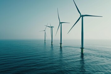 five wind turbines on top of the sea - obrazy, fototapety, plakaty