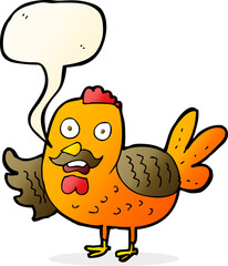 cartoon old rooster with speech bubble
