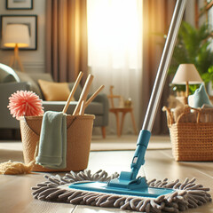 cleaning floor with cleaner, mop and bucket. Cleaning services  - obrazy, fototapety, plakaty