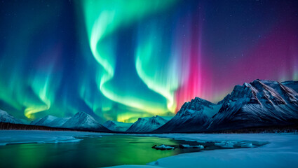 Beautiful aurora borealis at night in winter - obrazy, fototapety, plakaty