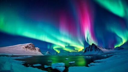 Beautiful aurora borealis at night in winter
