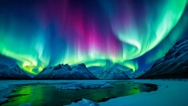Beautiful aurora borealis at night in winter