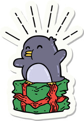 sticker of tattoo style penguin sitting on present