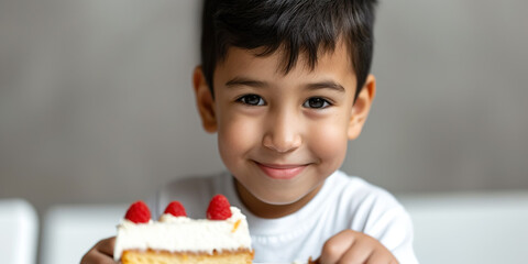 Little Latin American boy with slice of cake