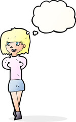 cartoon happy woman with thought bubble