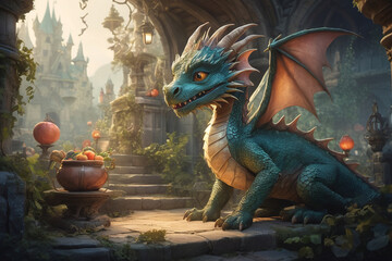 Fire breathing dragon from fairy tale - obrazy, fototapety, plakaty
