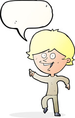 cartoon happy pointing man with speech bubble