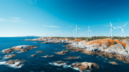 Windmill park in the ocean, drone aerial view of windmill turbines generating green energy electric