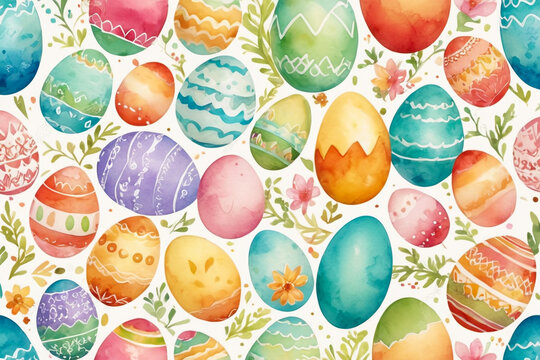 Painted on canvas with water color decorated colorful easter eggs